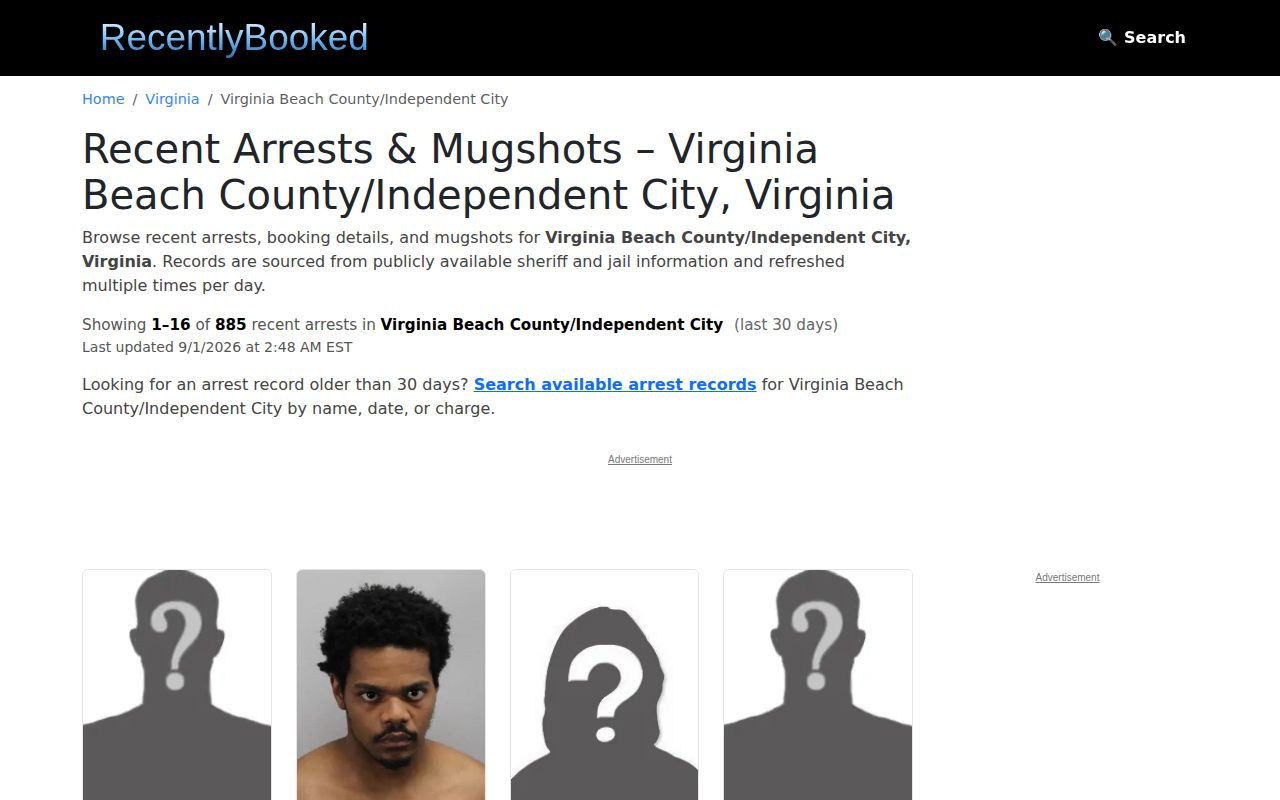 Virginia Beach booking-record source screenshot from RecentlyBooked