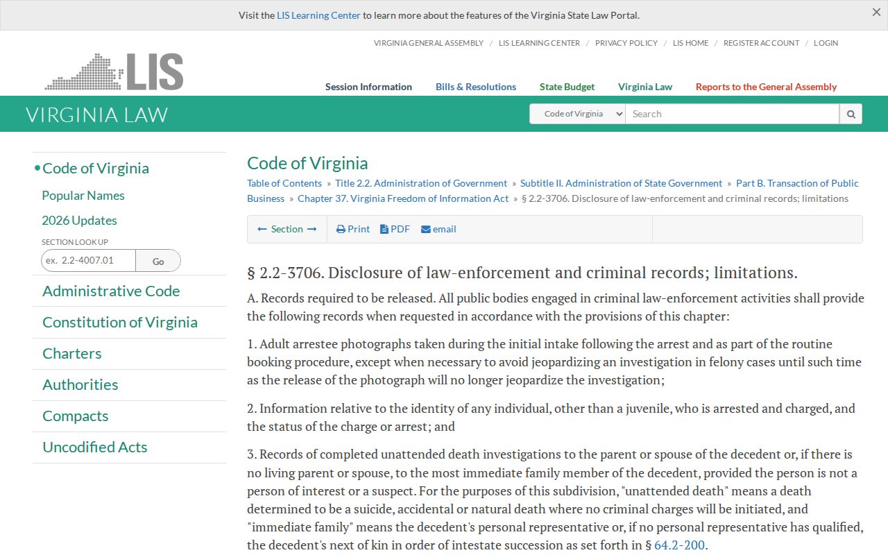 Virginia Beach City adult booking-photo statute source page